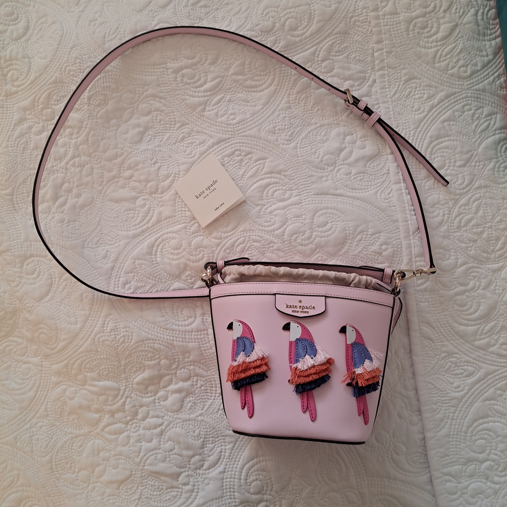 Kate Spade Pink Crossbody Bucket Bag with Parrot Design